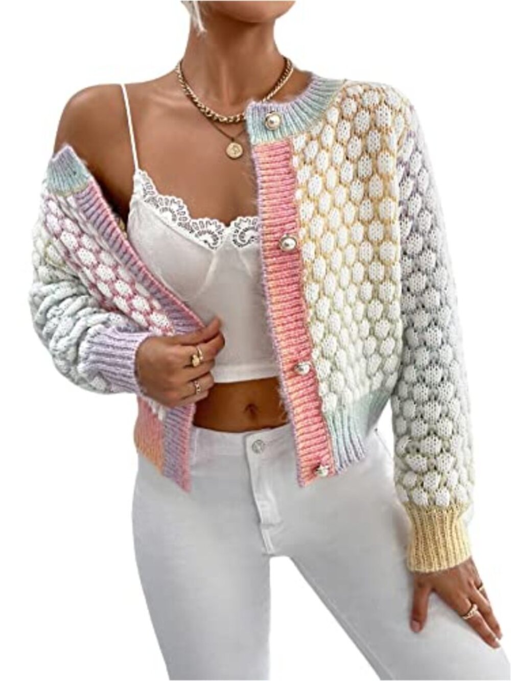 Women's Cropped Tweed Cardigan Button Up Knit Sweater
